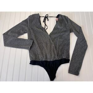 Boutique Blush Metallic Shimmer Silver Black Bodysuit - Size Women's Small